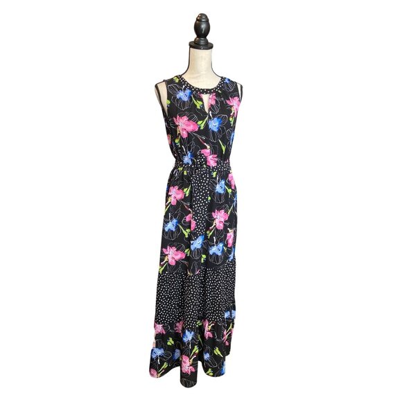Apt 9 Women Large Maxi Dress Black Floral Polka Dot Sleeveless Tiered Ruffle Y2K - Picture 1 of 11